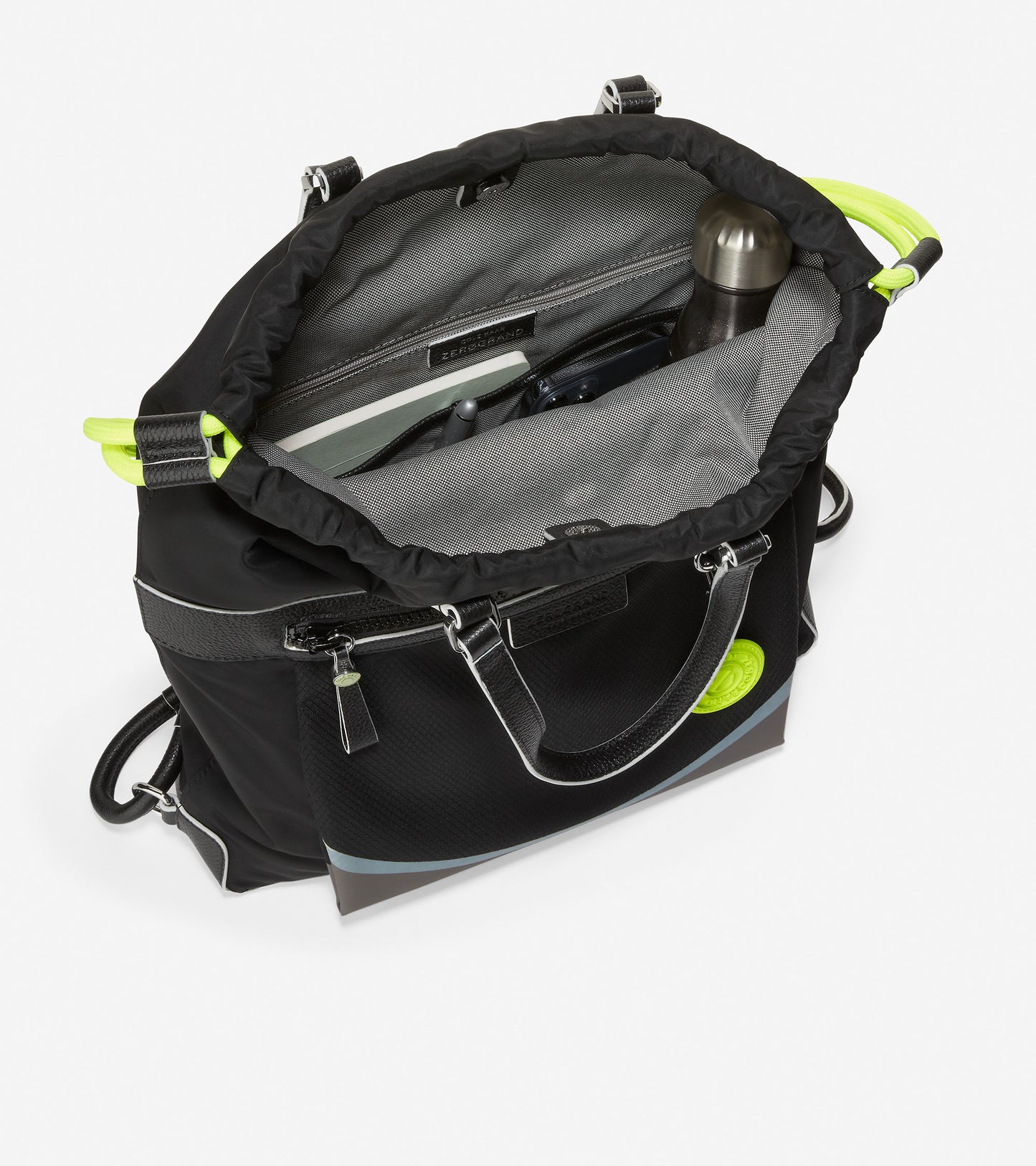 ColeHaan-Radiant Nylon Drawstring Backpack-u05862-Black-Safety Yellow