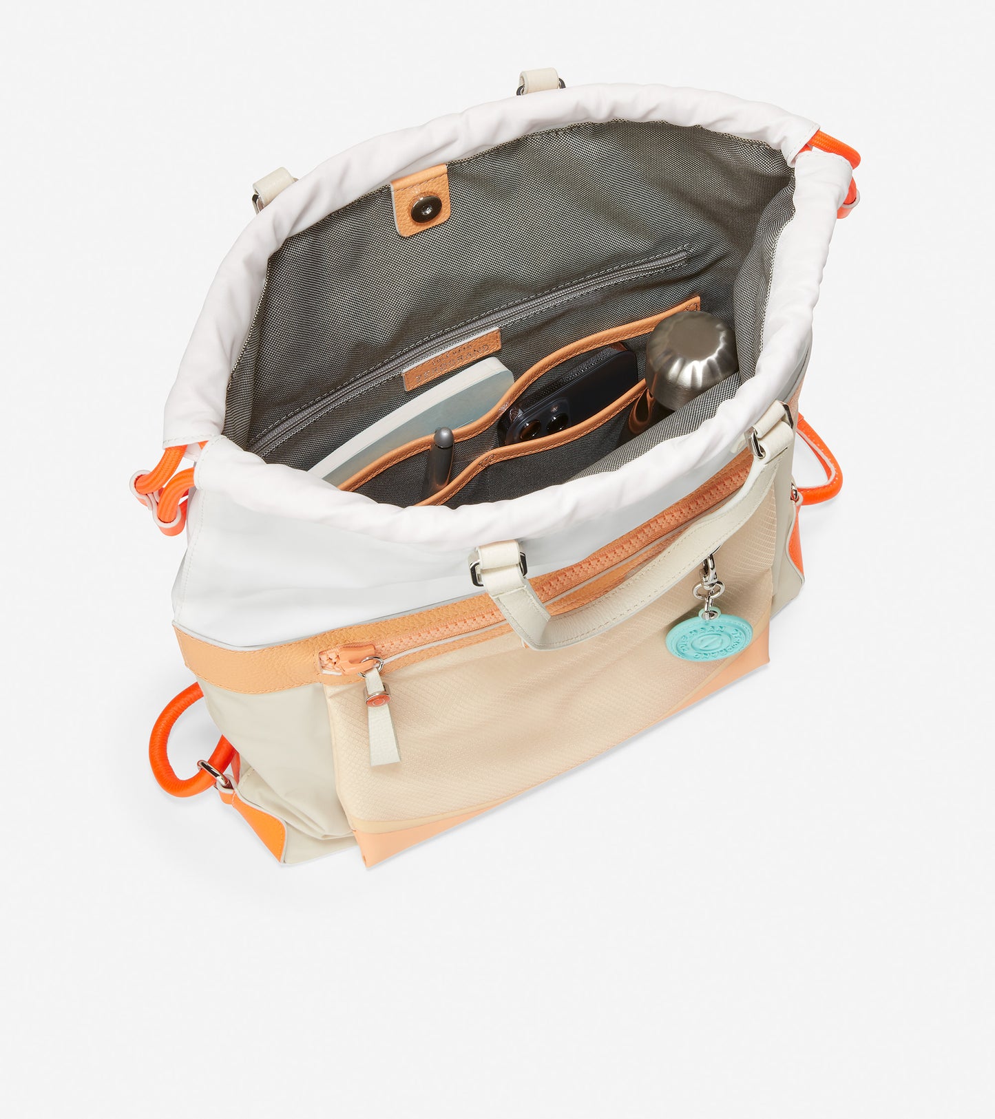 ColeHaan-Radiant Nylon Drawstring Backpack-u05863-Vibrant Orange-White Cap