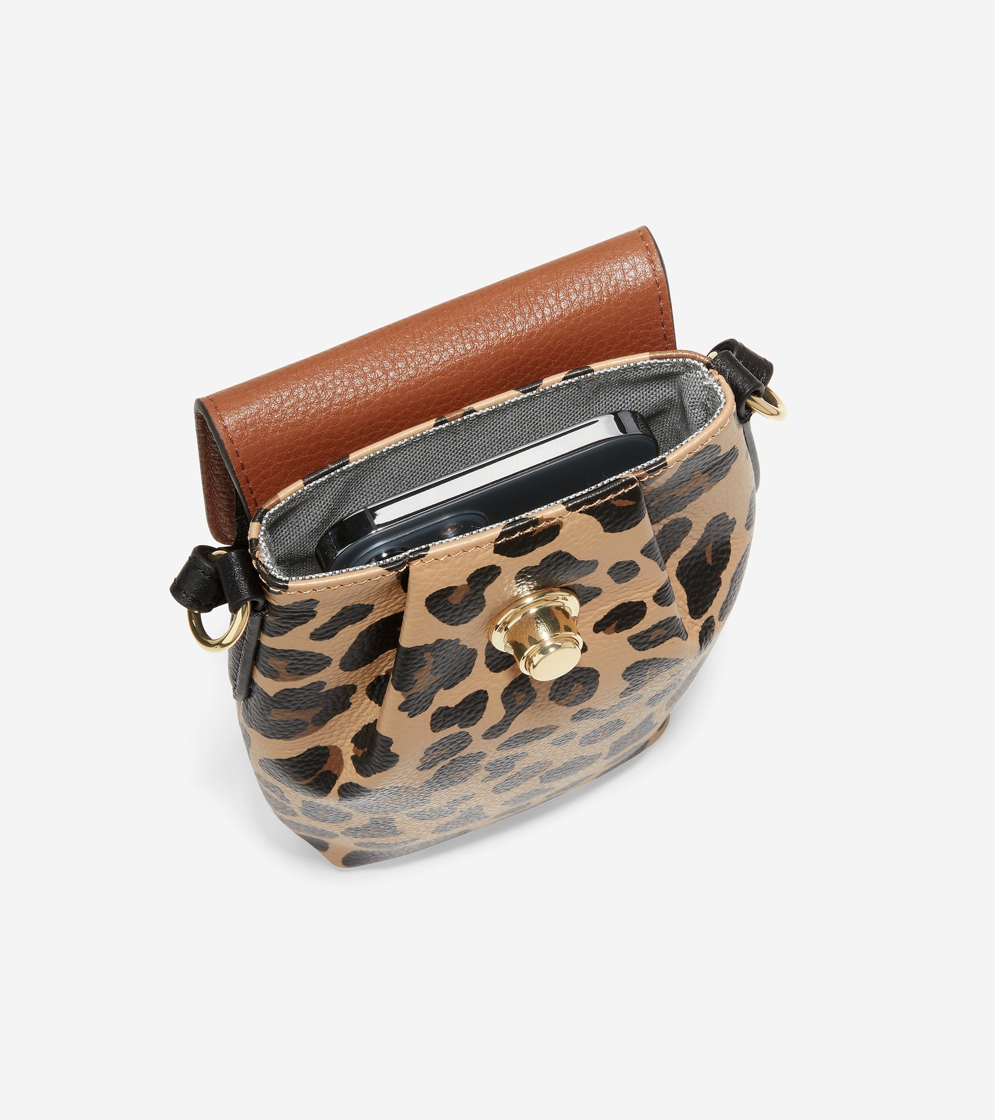 U05768-Pushlock Cellphone Crossbody-British Tan-Leopard Print