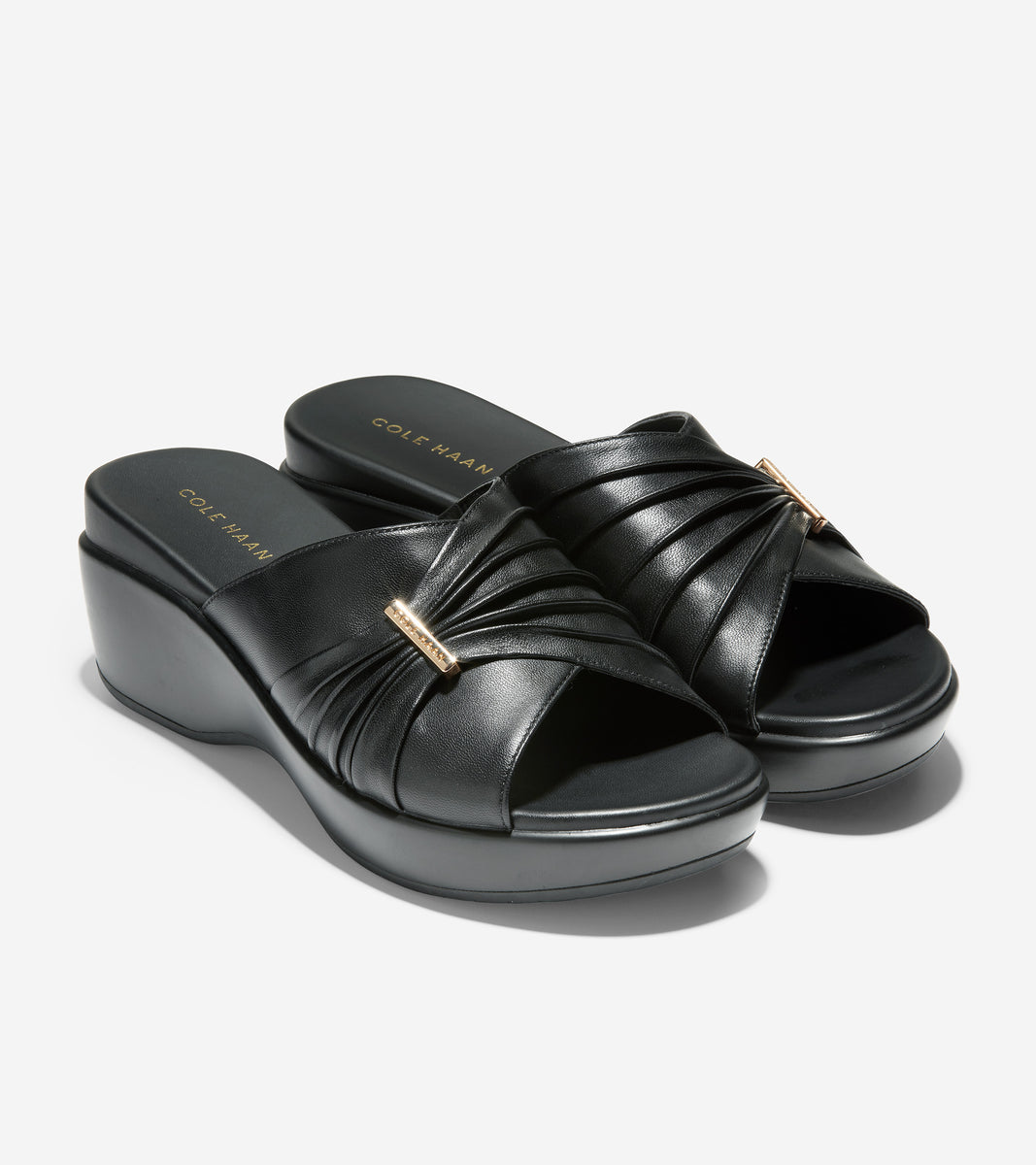 ColeHaan-Aubree Ruched Slide Sandal-w17379-Black Leather