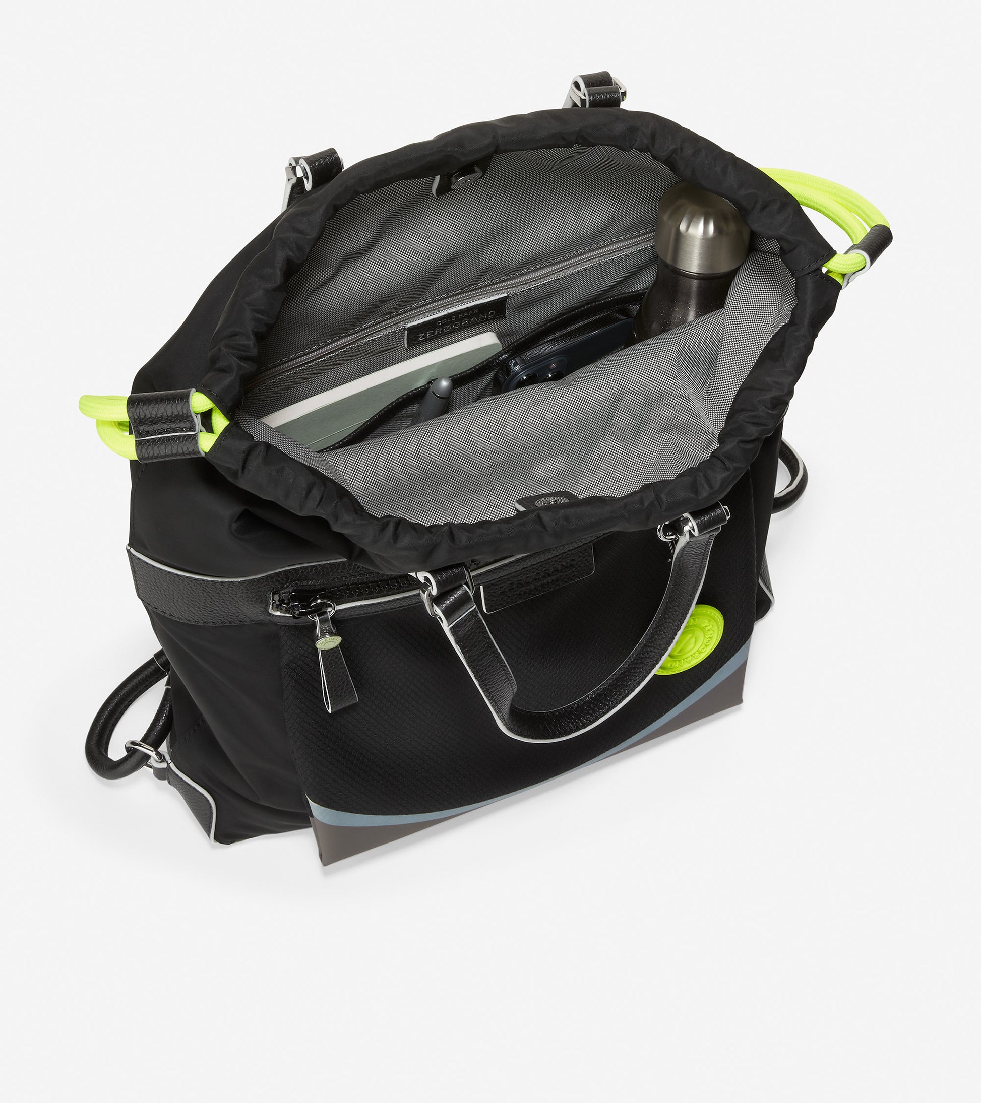 ColeHaan-Radiant Nylon Drawstring Backpack-u05862-Black-Safety Yellow